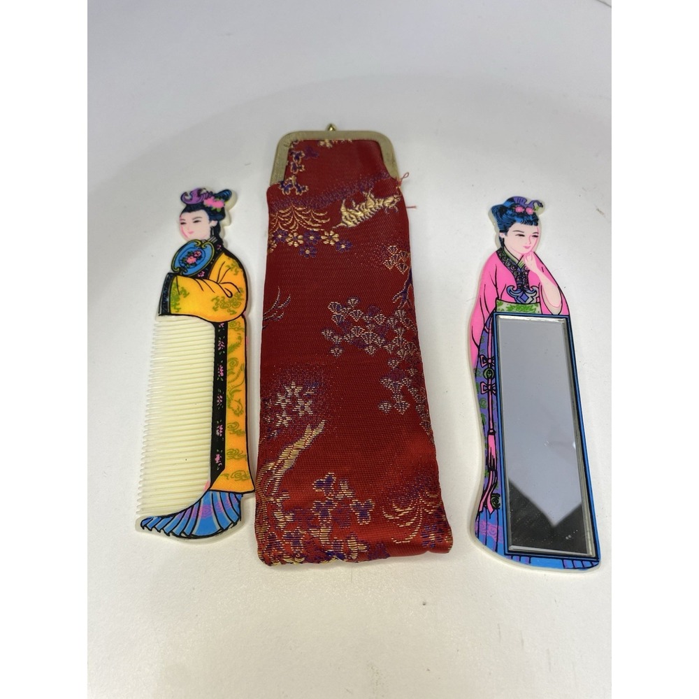 Vintage Geisha Girls Painted‎ Comb & Mirror Set Hong Kong Collectible Vanity Art